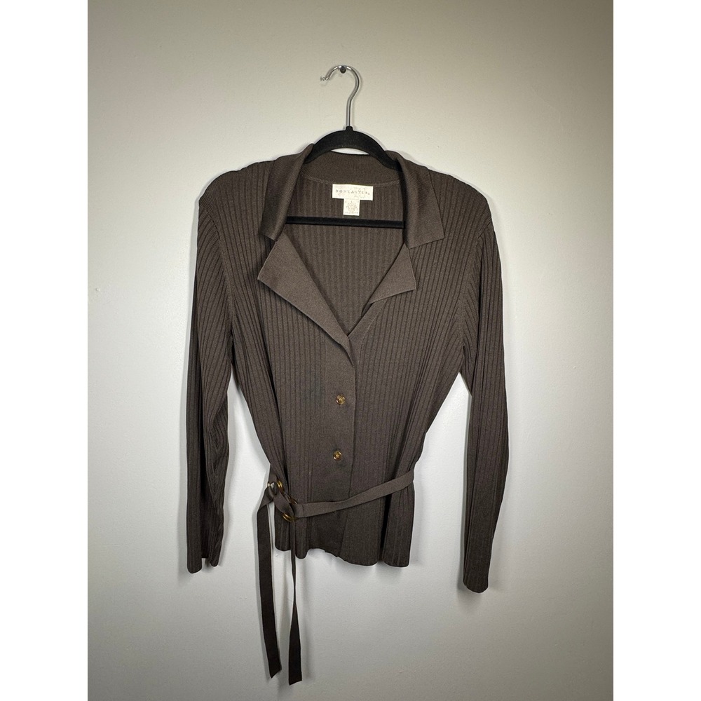 90s Style Doncaster Espresso Brown Silk Blend Ribbed Belted Cardigan Sweater